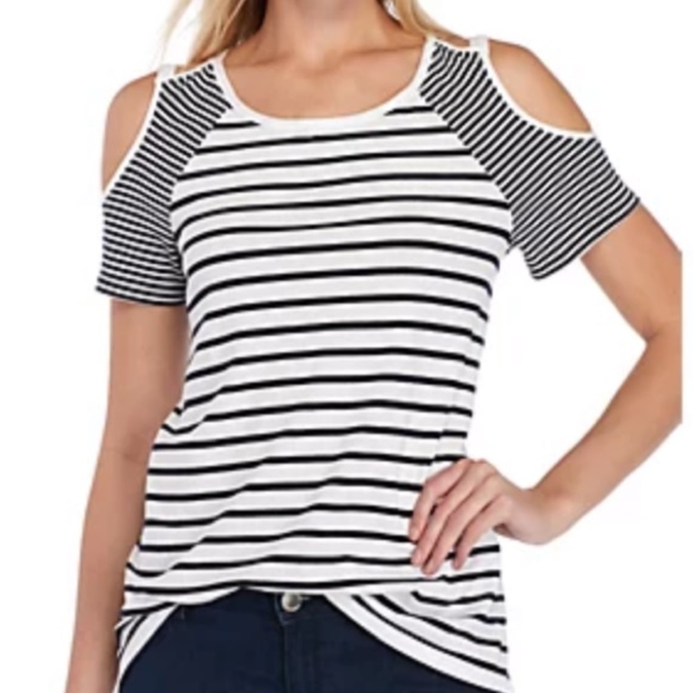 Crown & Ivy Stripe Ladder Sleeve Cold Shoulder Top
